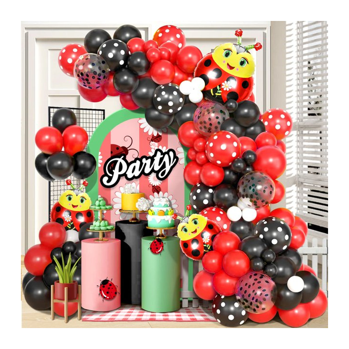 115-teiliges Marienkäfer Ballon-Set mit Polka-Dot-Muster in Rot und Schwarz für Kindergeburtstage - Bild 1