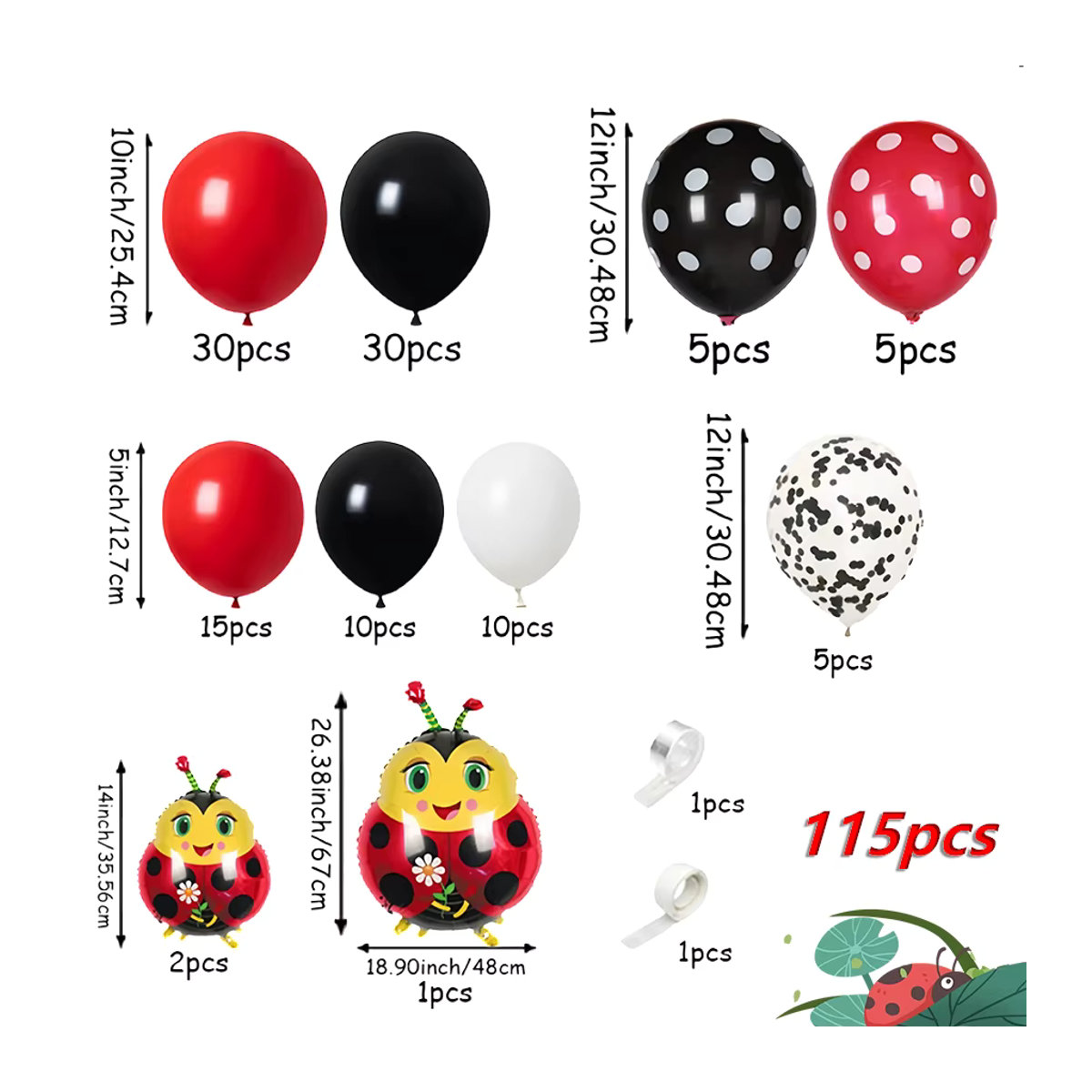 115-teiliges Marienkäfer Ballon-Set mit Polka-Dot-Muster in Rot und Schwarz für Kindergeburtstage - Bild 2