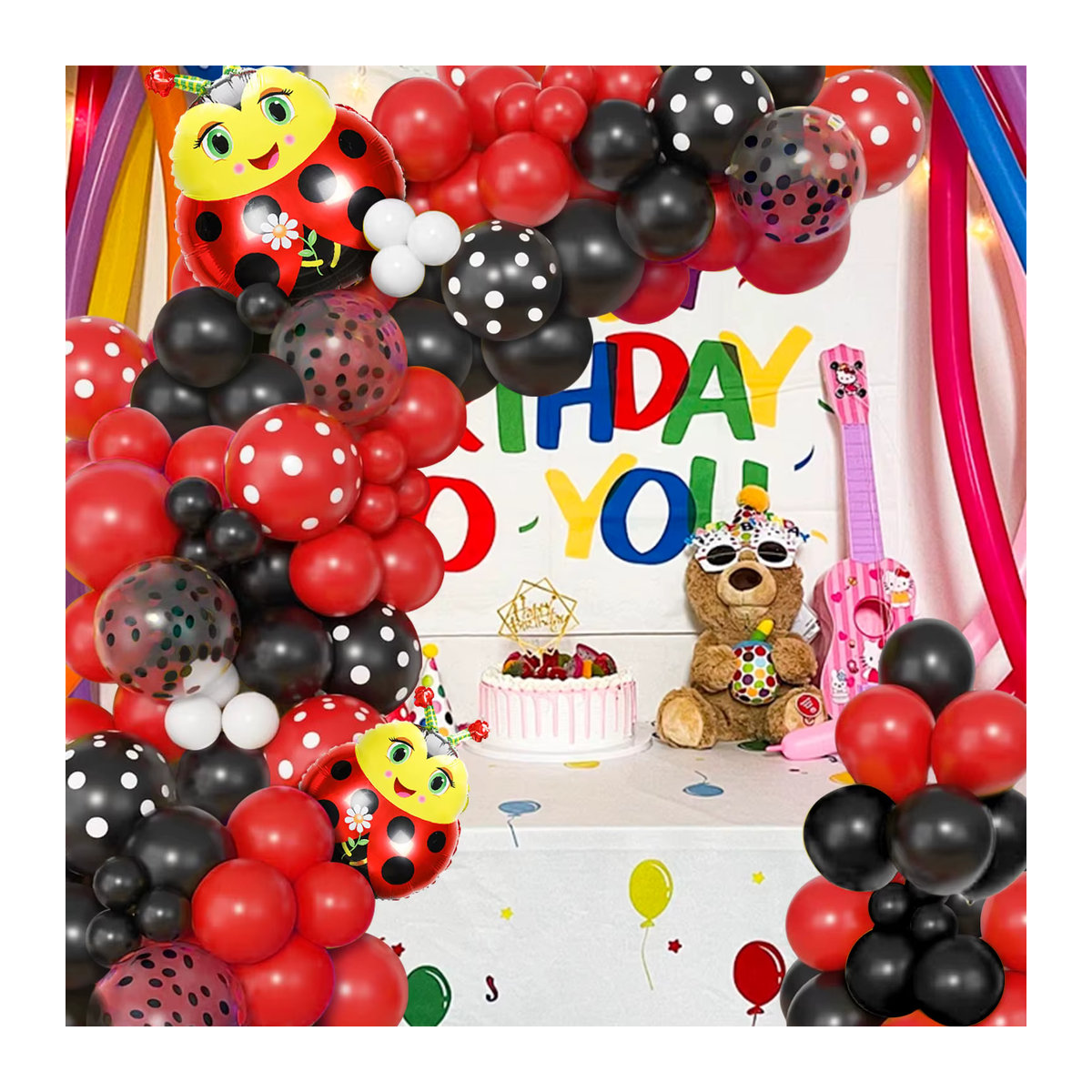 115-teiliges Marienkäfer Ballon-Set mit Polka-Dot-Muster in Rot und Schwarz für Kindergeburtstage - Bild 3