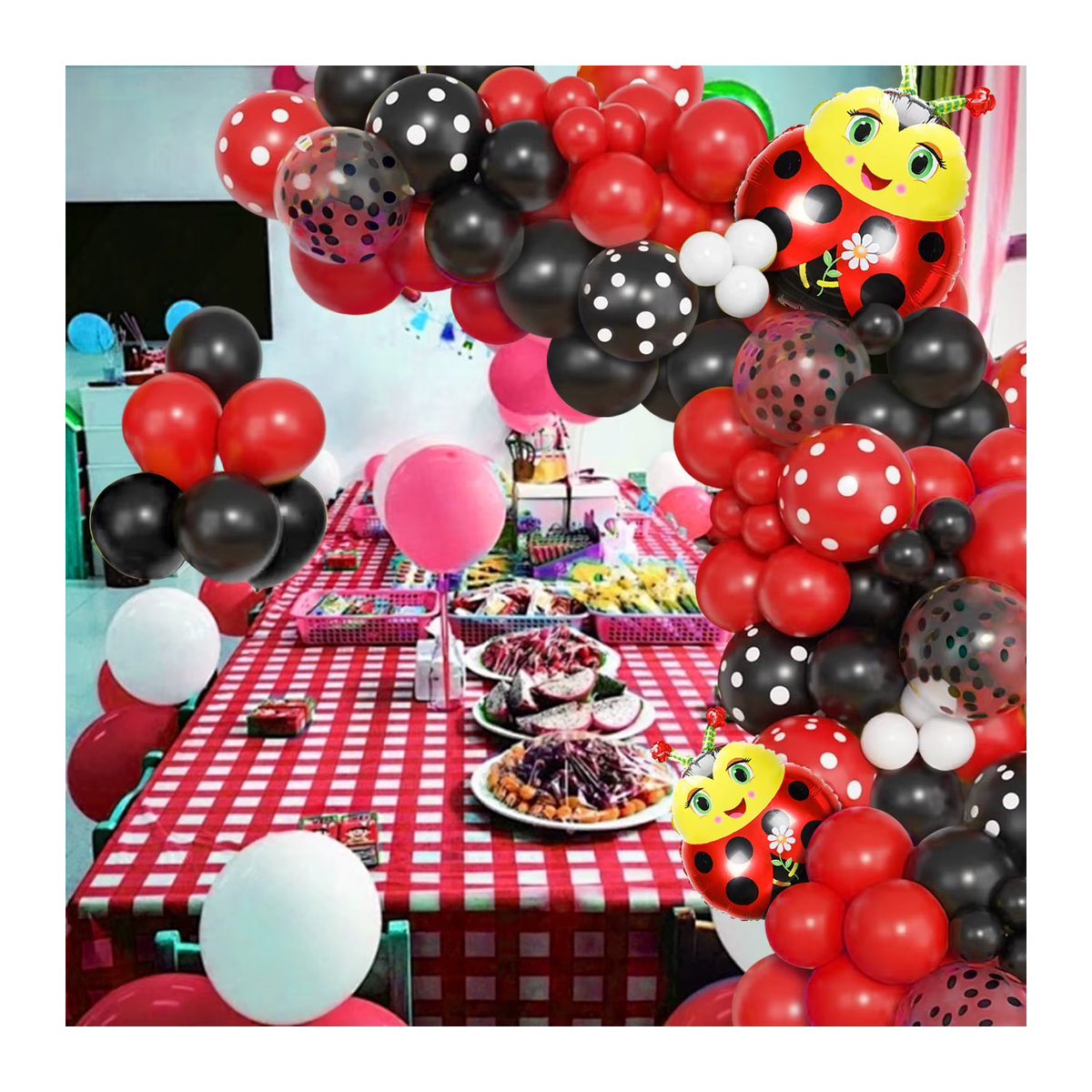 115-teiliges Marienkäfer Ballon-Set mit Polka-Dot-Muster in Rot und Schwarz für Kindergeburtstage - Bild 4