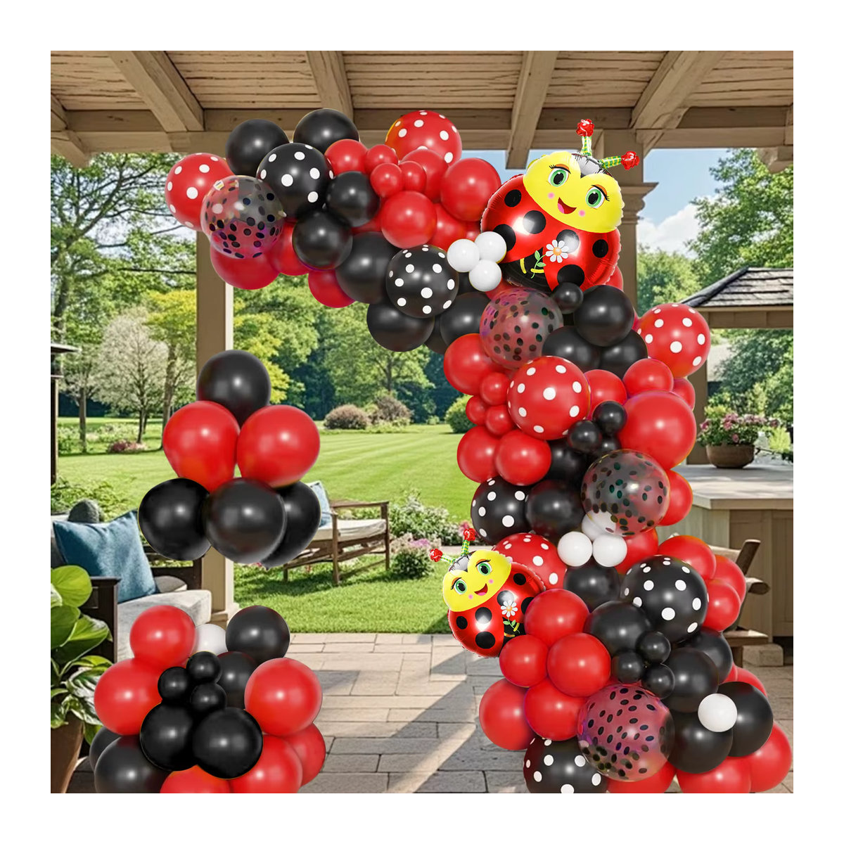 115-teiliges Marienkäfer Ballon-Set mit Polka-Dot-Muster in Rot und Schwarz für Kindergeburtstage - Bild 5