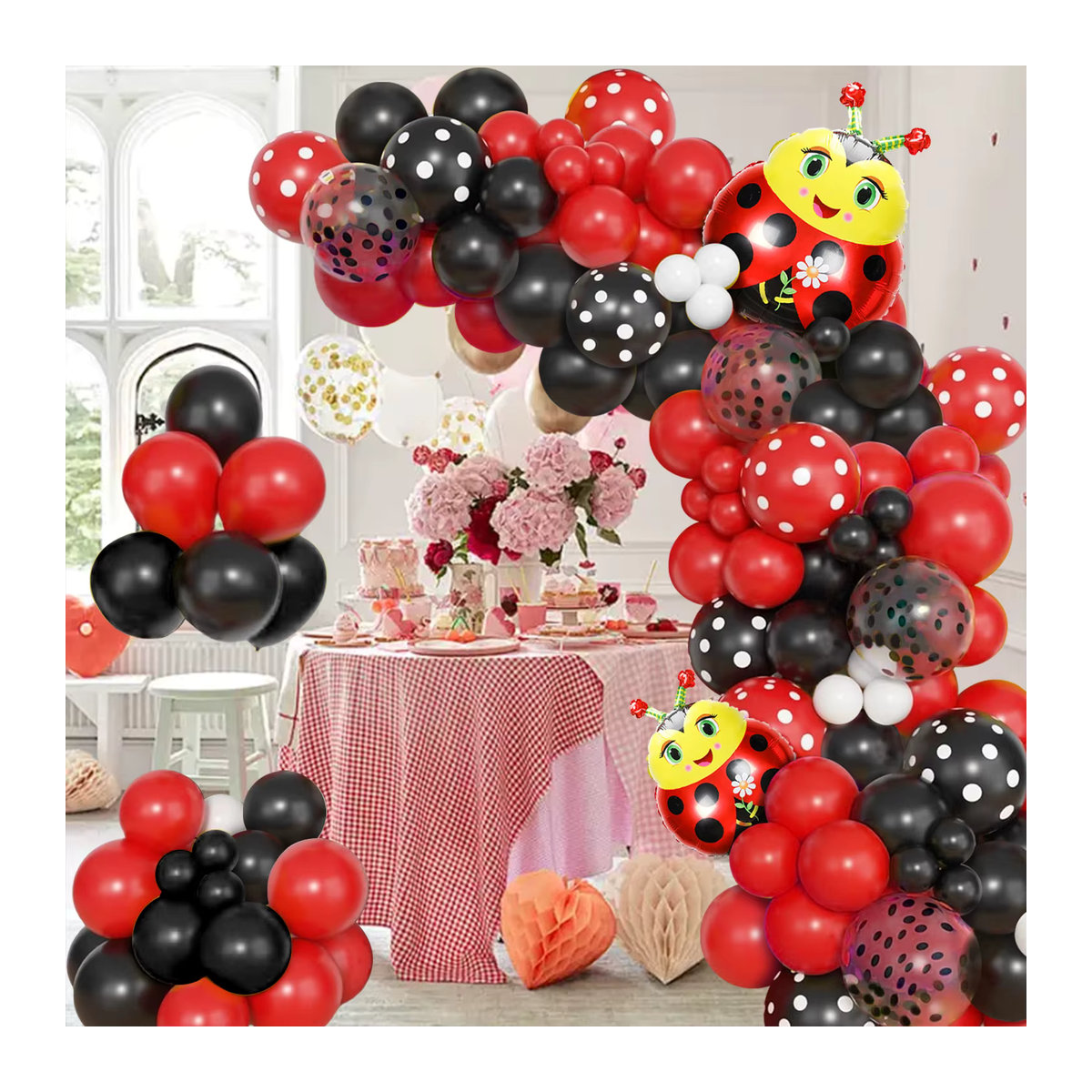115-teiliges Marienkäfer Ballon-Set mit Polka-Dot-Muster in Rot und Schwarz für Kindergeburtstage - Bild 6