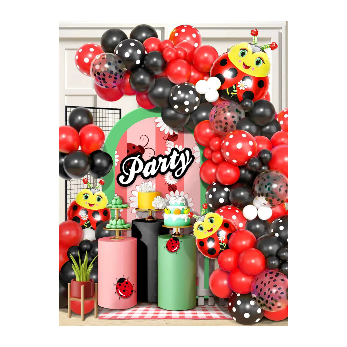 115-teiliges Marienkäfer Ballon-Set mit Polka-Dot-Muster in Rot und Schwarz für Kindergeburtstage - Bild 7