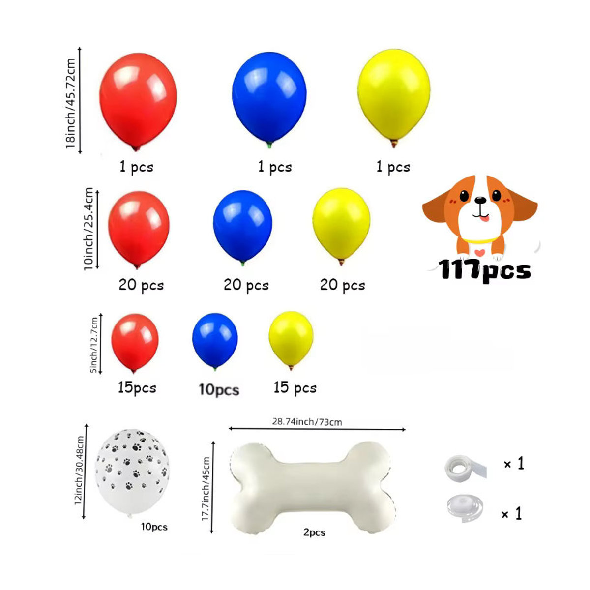 117-teiliges Haustier-Ballonbogen-Set mit Hundeboten-Aluminiumfolienballons in Rot, Gelb und Blau für Kindergeburtstage und Tier-Dekorationen - Bild 2