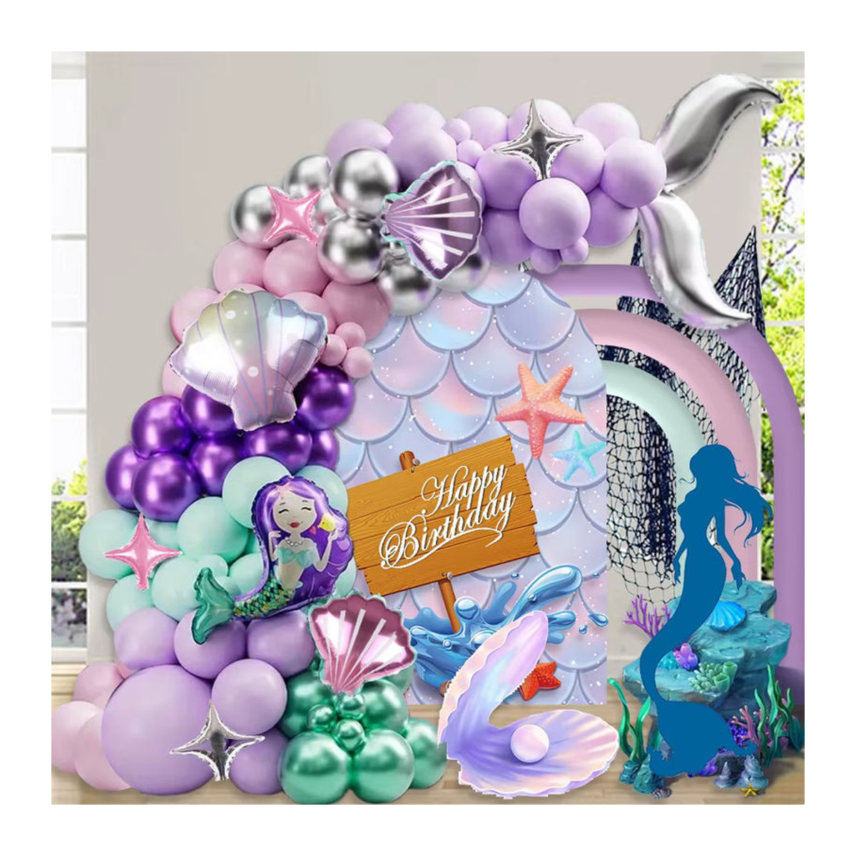 117-teiliges Meerjungfrau-Ballon-Set mit Ozean- und Fischschwanz-Design in Rosa, Lila und Silber für Geburtstags- und Verlobungsfeiern - Bild 1