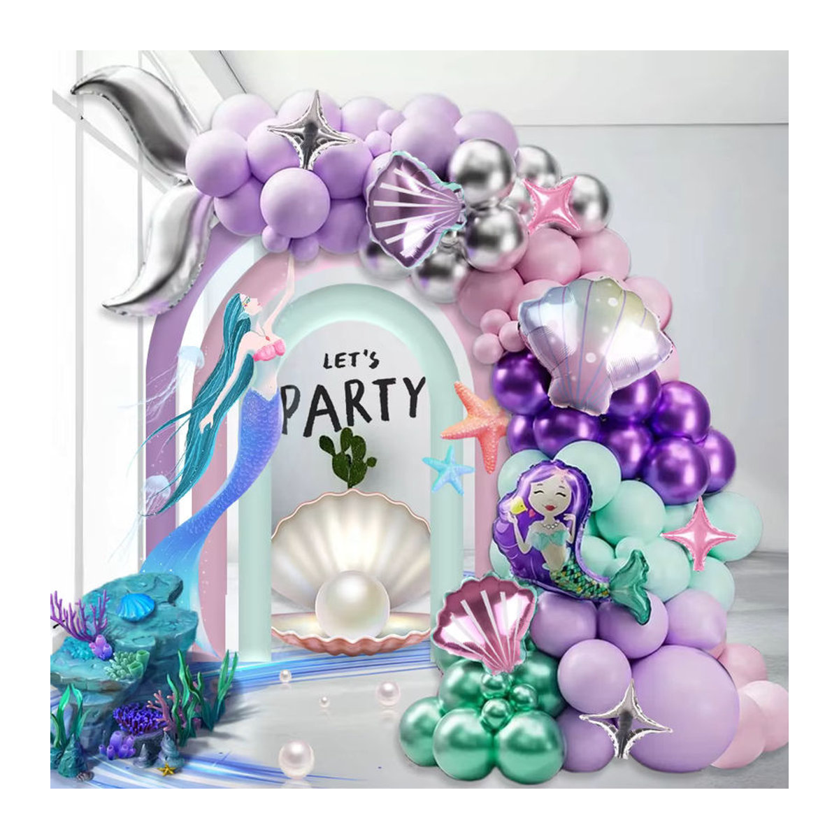 117-teiliges Meerjungfrau-Ballon-Set mit Ozean- und Fischschwanz-Design in Rosa, Lila und Silber für Geburtstags- und Verlobungsfeiern - Bild 2