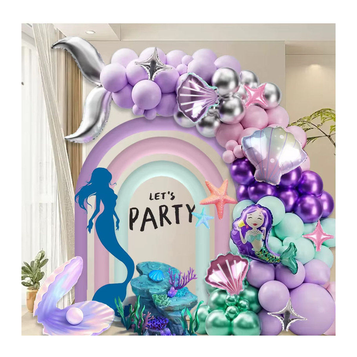 117-teiliges Meerjungfrau-Ballon-Set mit Ozean- und Fischschwanz-Design in Rosa, Lila und Silber für Geburtstags- und Verlobungsfeiern - Bild 3