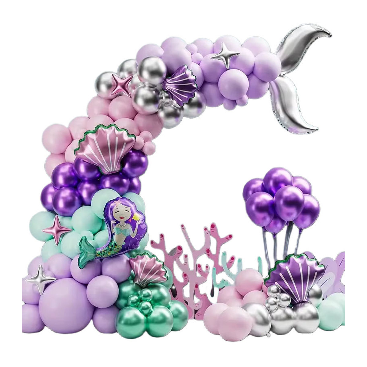 117-teiliges Meerjungfrau-Ballon-Set mit Ozean- und Fischschwanz-Design in Rosa, Lila und Silber für Geburtstags- und Verlobungsfeiern - Bild 4
