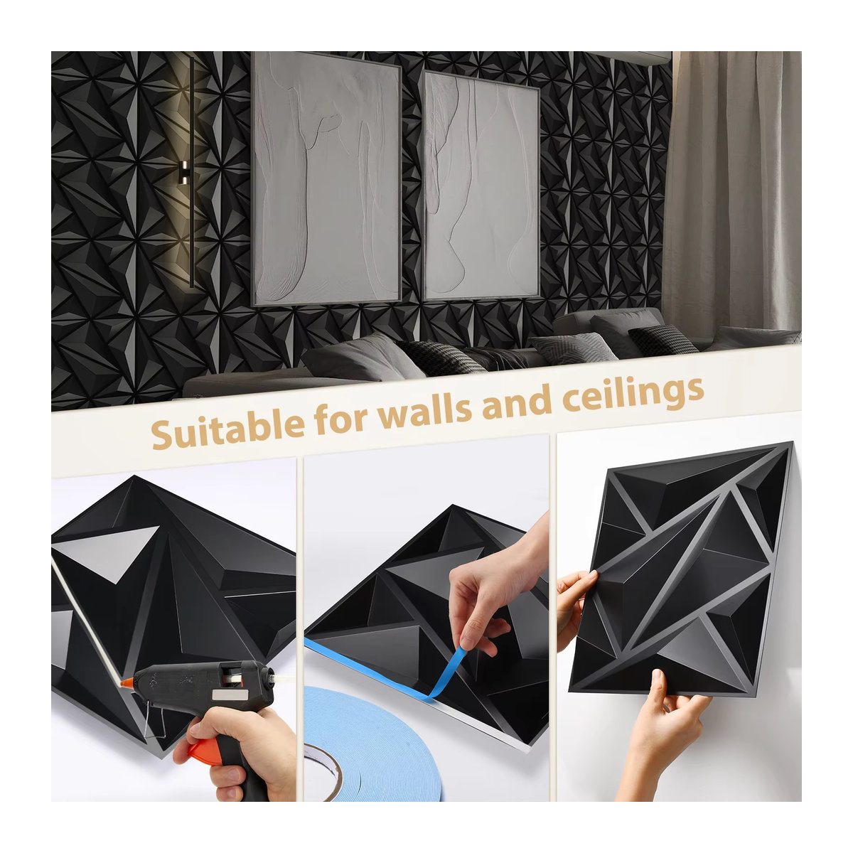 12 Stück 3D Wandpaneele mit geometrischer Struktur in Schwarz für die moderne Innenwanddekoration - Bild 5