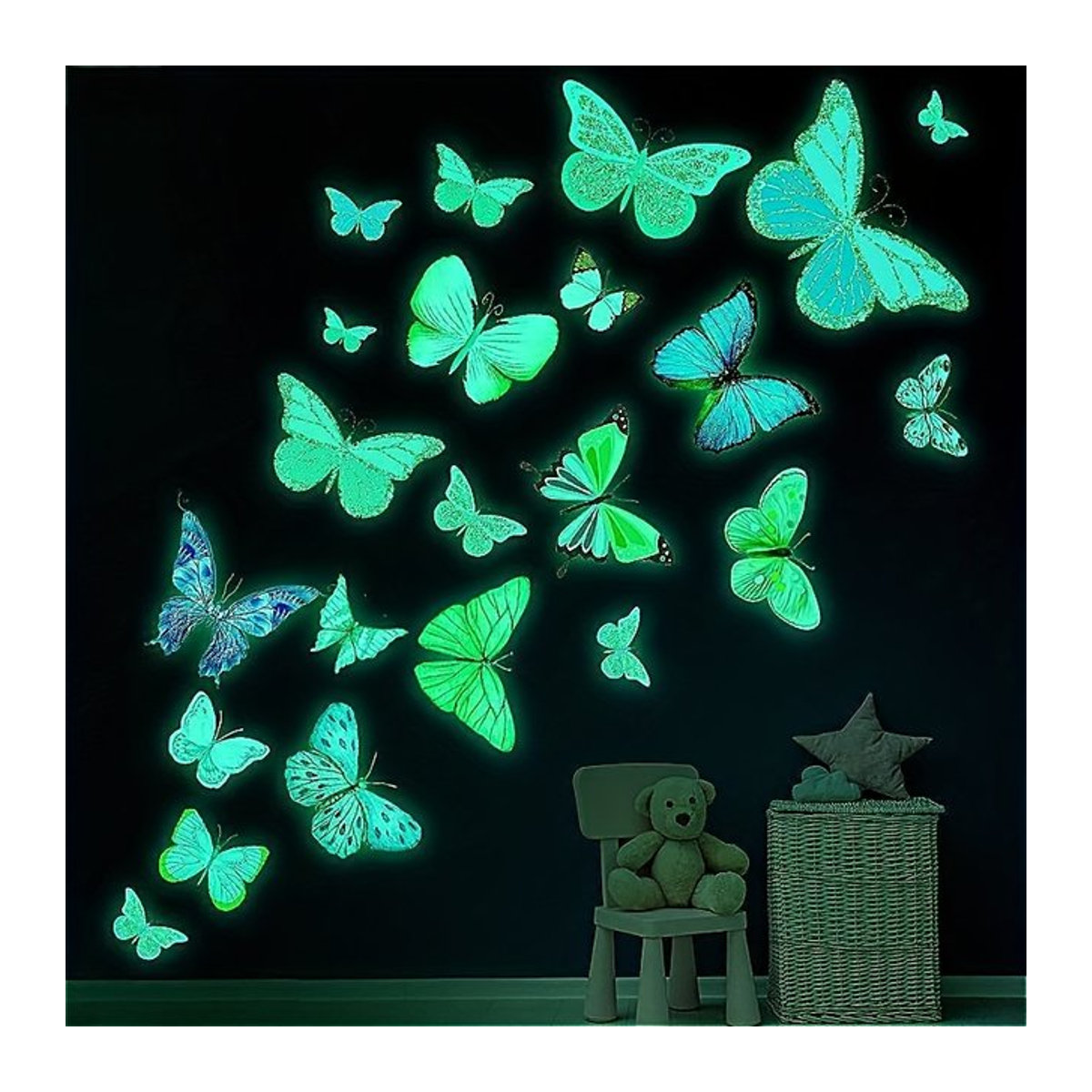 12 Stück DUTRIEUX 3D-Schmetterlings-Wandaufkleber im Dunkeln leuchtend, UV-aktivierte Wanddekoration für Kinderzimmer und Wohnzimmer, mehrfarbig und rosa - Bild 1