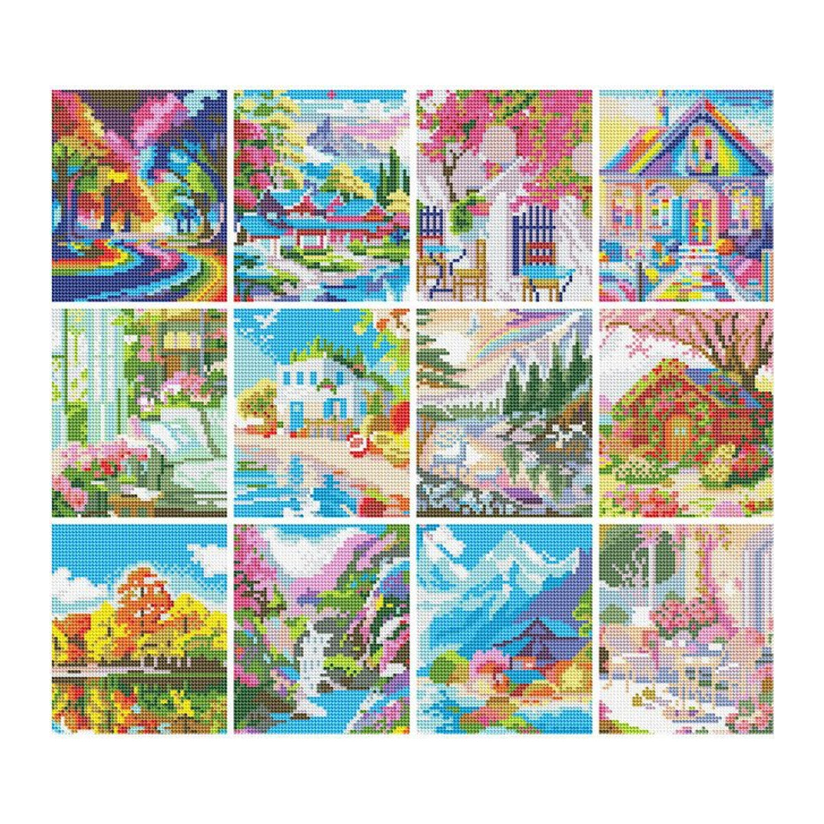 12 Stück EverShine Mini DIY Diamant Malerei Set mit Haus Landschaft und Berg Motiven, mehrfarbig, quadratisch, zur Wandmontage - Bild 1