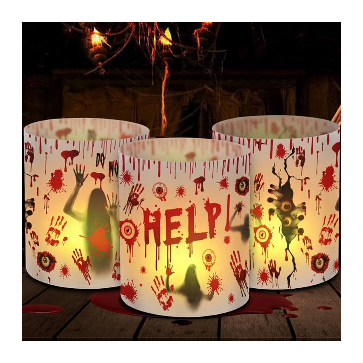 12 Stück Halloween Papier Laternen als Tischdekoration in Weiß mit Zombie-Handabdruck für Teelichter - Bild 1