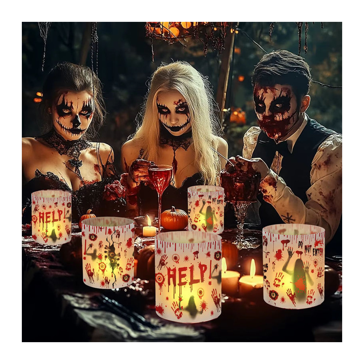 12 Stück Halloween Papier Laternen als Tischdekoration in Weiß mit Zombie-Handabdruck für Teelichter - Bild 3