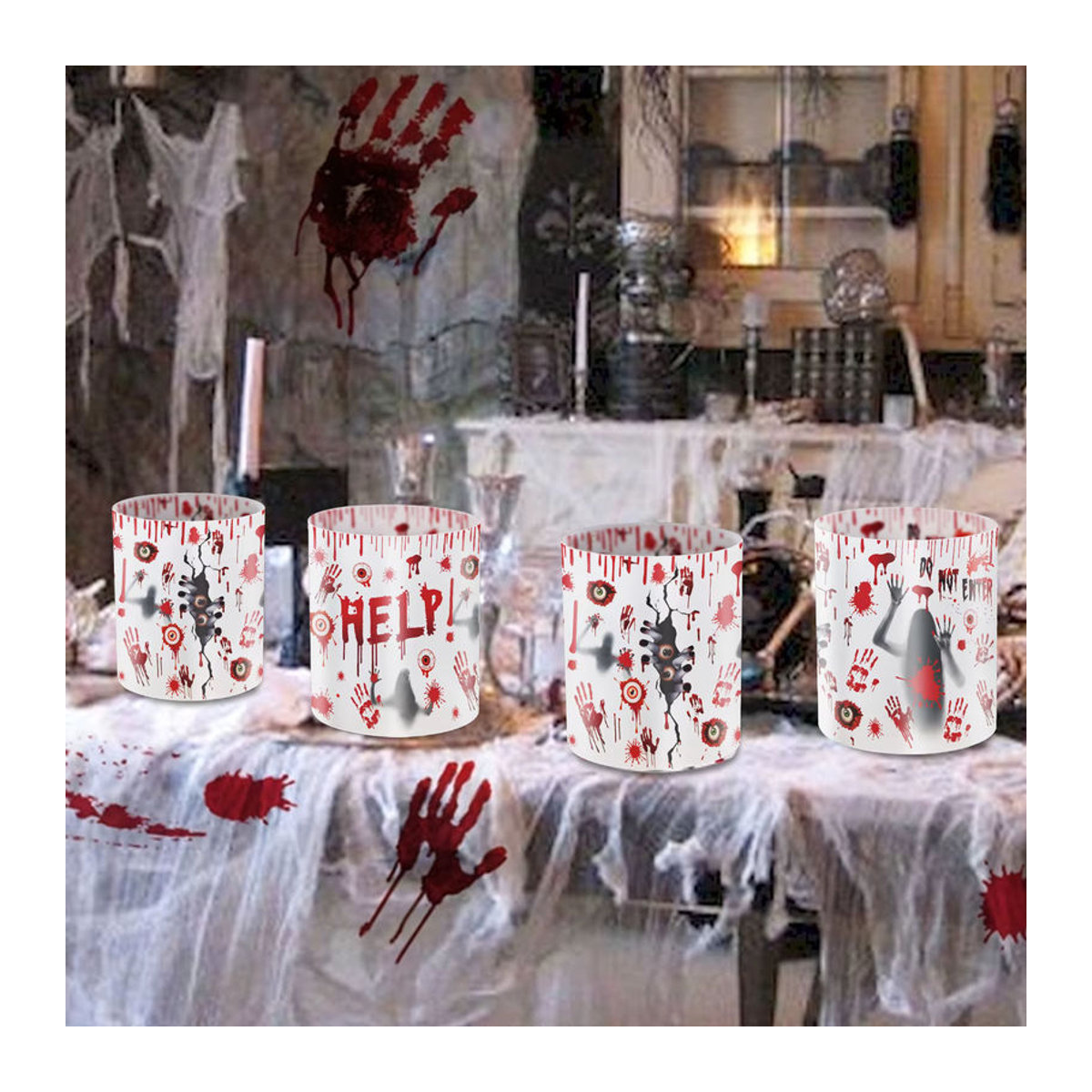 12 Stück Halloween Papier Laternen als Tischdekoration in Weiß mit Zombie-Handabdruck für Teelichter - Bild 6