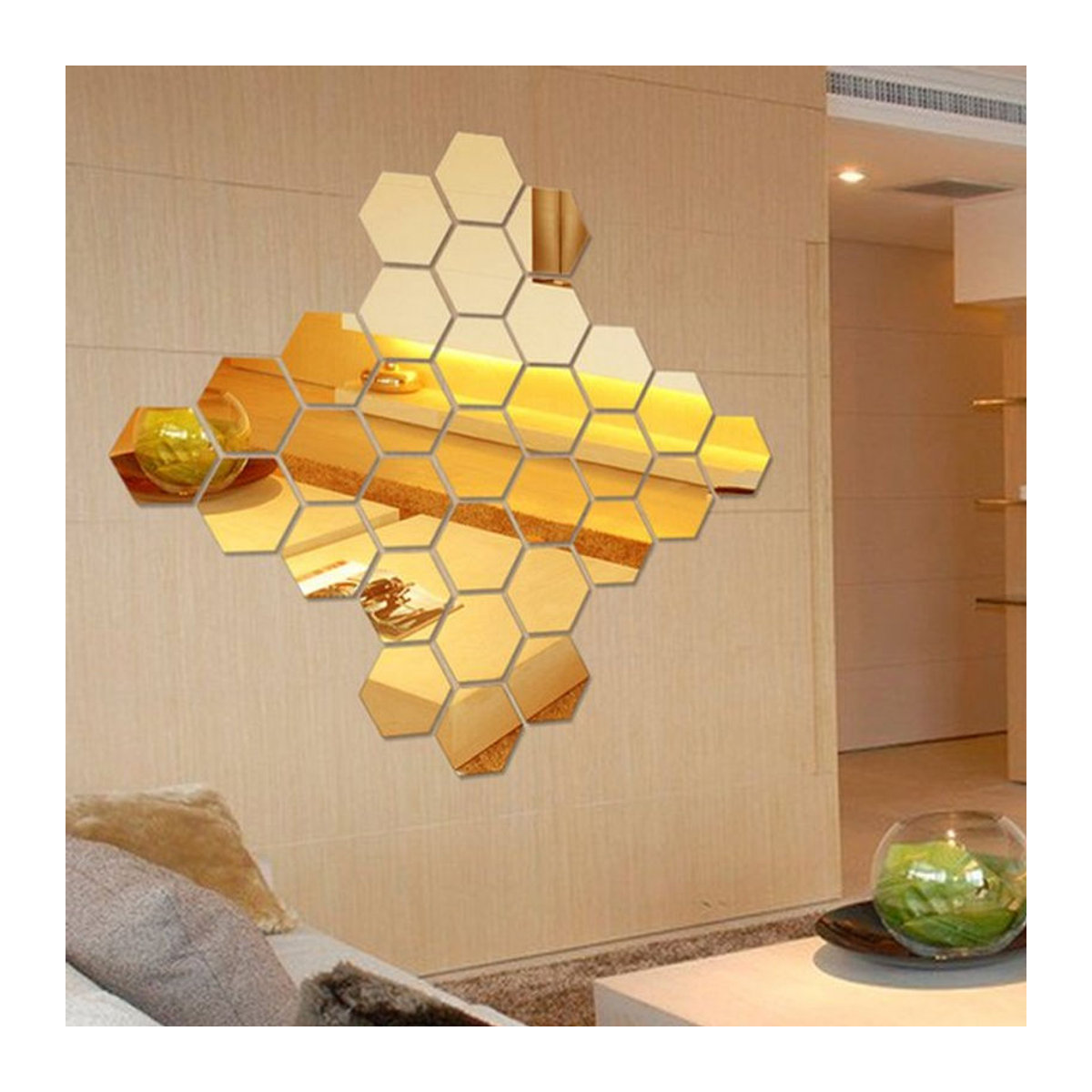 12 Stück Hexagon 3D Spiegel Aufkleber in Gold, Geometrische Wanddekoration aus Glas, Wasserfest und Abnehmbar - Bild 1
