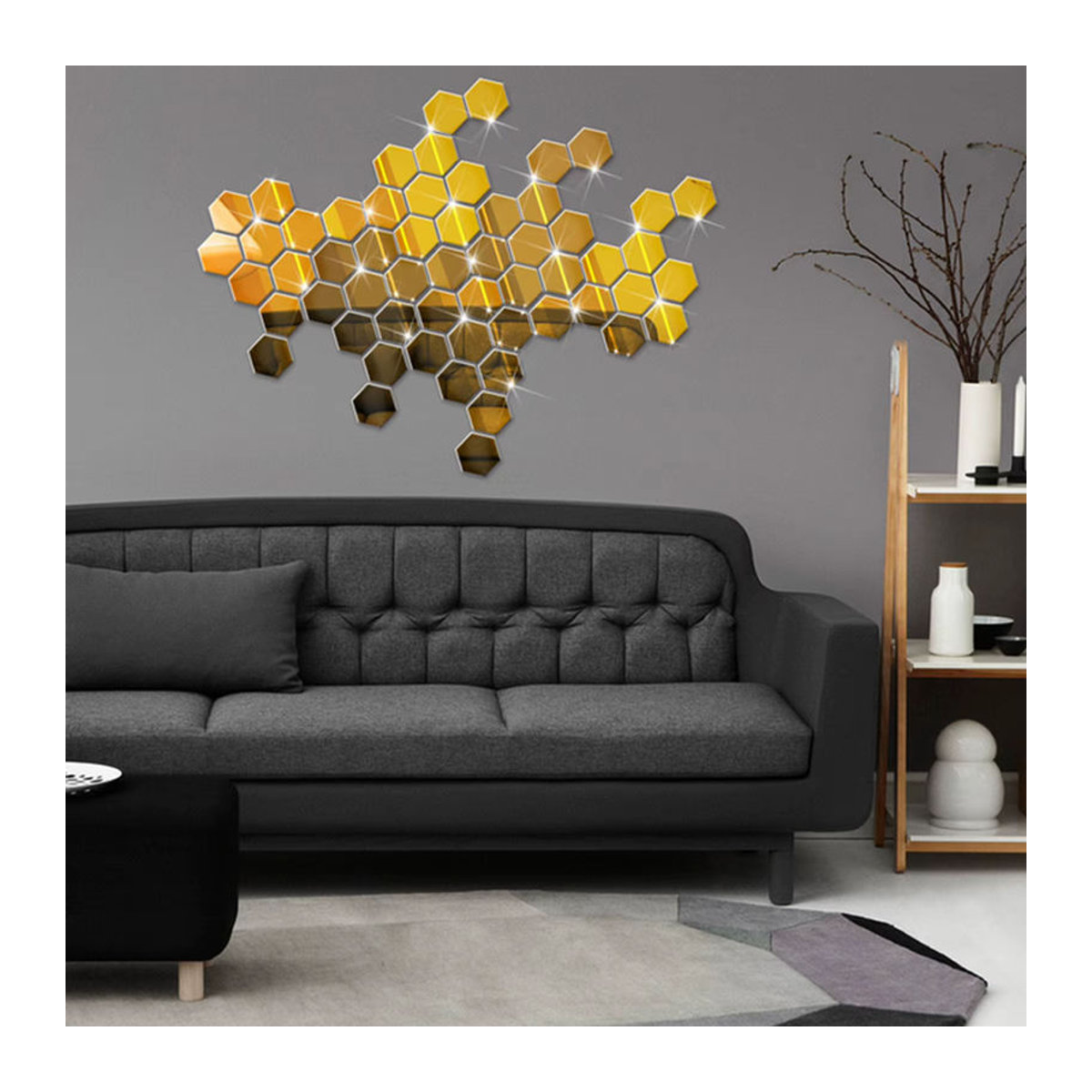 12 Stück Hexagon 3D Spiegel Aufkleber in Gold, Geometrische Wanddekoration aus Glas, Wasserfest und Abnehmbar - Bild 2