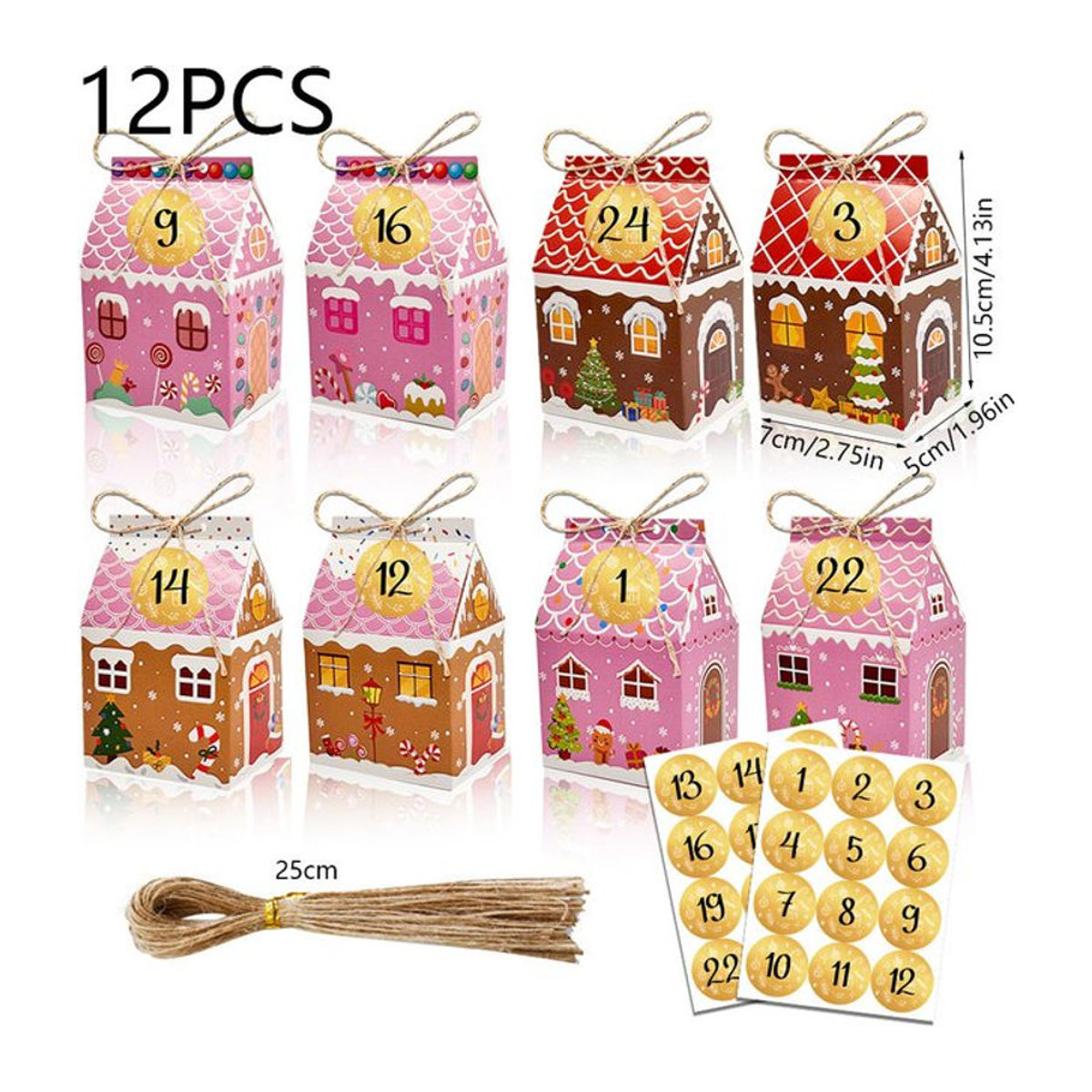 12 Stück kleine Weihnachts-Lebkuchen-Leckerli-Boxen aus Kraftpapier in Braun und Mehrfarbig für deine Weihnachtsdekoration - Bild 1