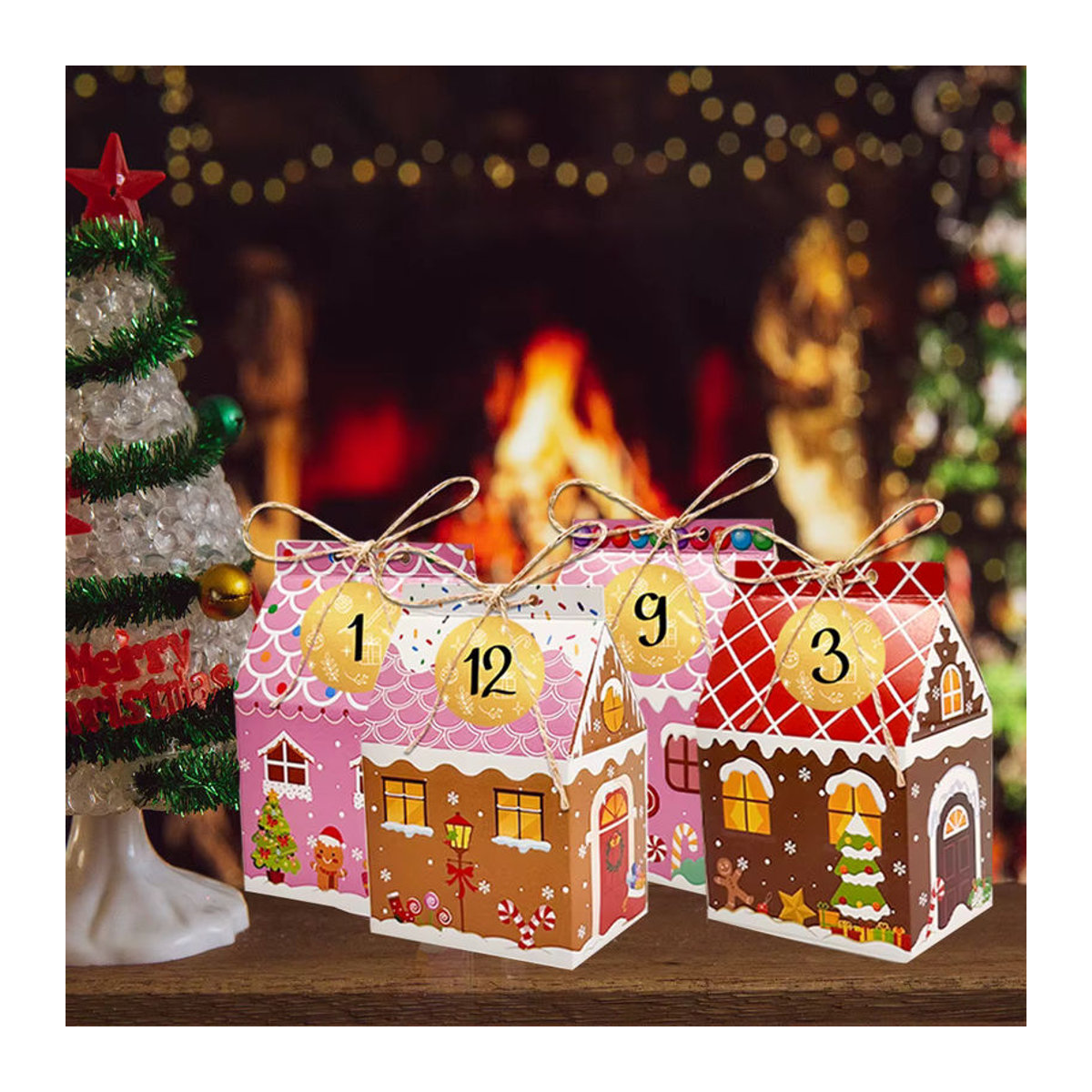12 Stück kleine Weihnachts-Lebkuchen-Leckerli-Boxen aus Kraftpapier in Braun und Mehrfarbig für deine Weihnachtsdekoration - Bild 4