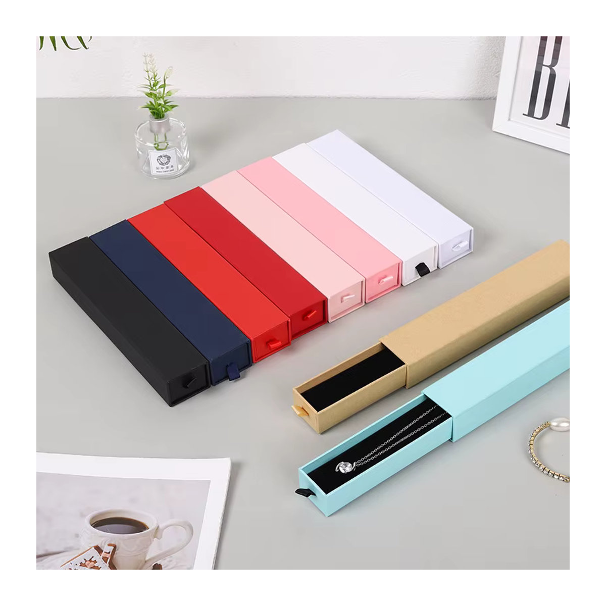 12 Stück Schmuckschatullen aus Papier für Ringe, Halsketten und Ohrringe, quadratisch und minimalistisch, Schwarz, Blau, Bunt - Bild 2