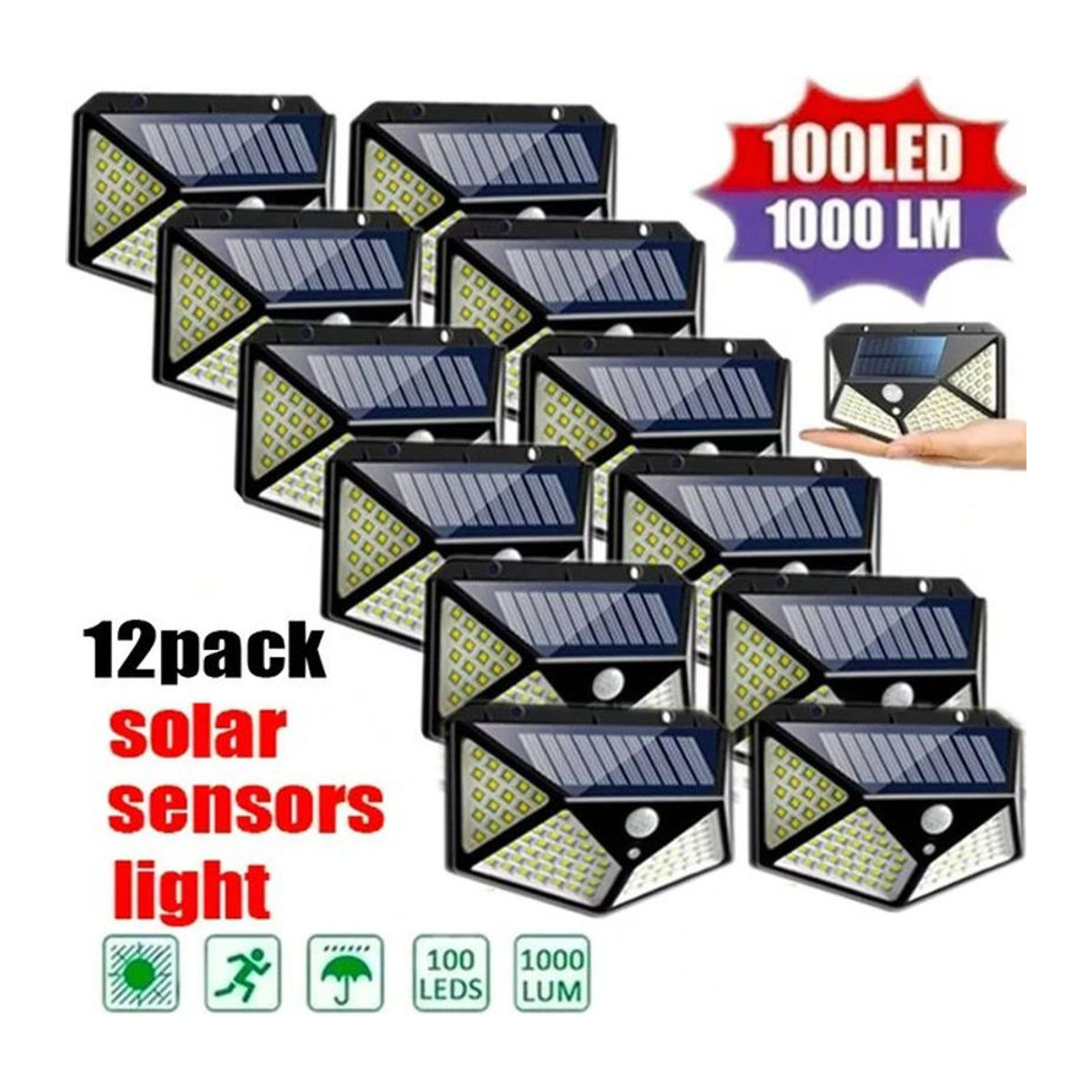 12 Stück Solarwandleuchten mit 100 LED und Bewegungsmelder in Schwarz, wasserdichte Außenleuchten mit 3 Modi für Garten, Hof und Garage - Bild 1