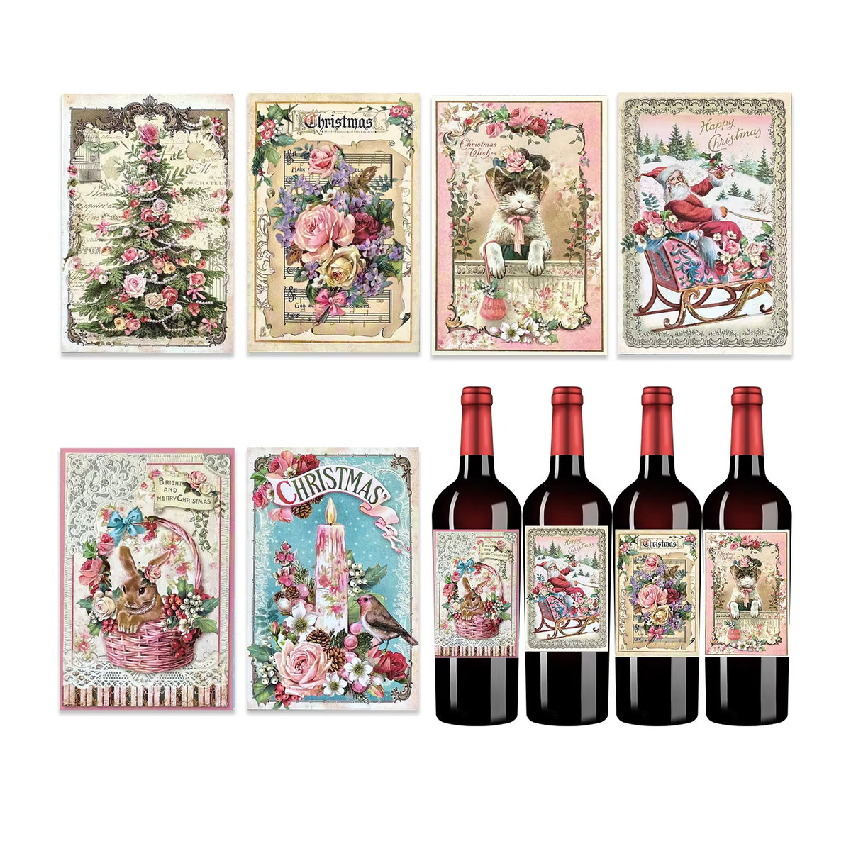 12 Stück Tissy Wein Flaschen Aufkleber Rosa Vintage Santa Claus Design aus Papier für Weihnachtsdekoration - Bild 4