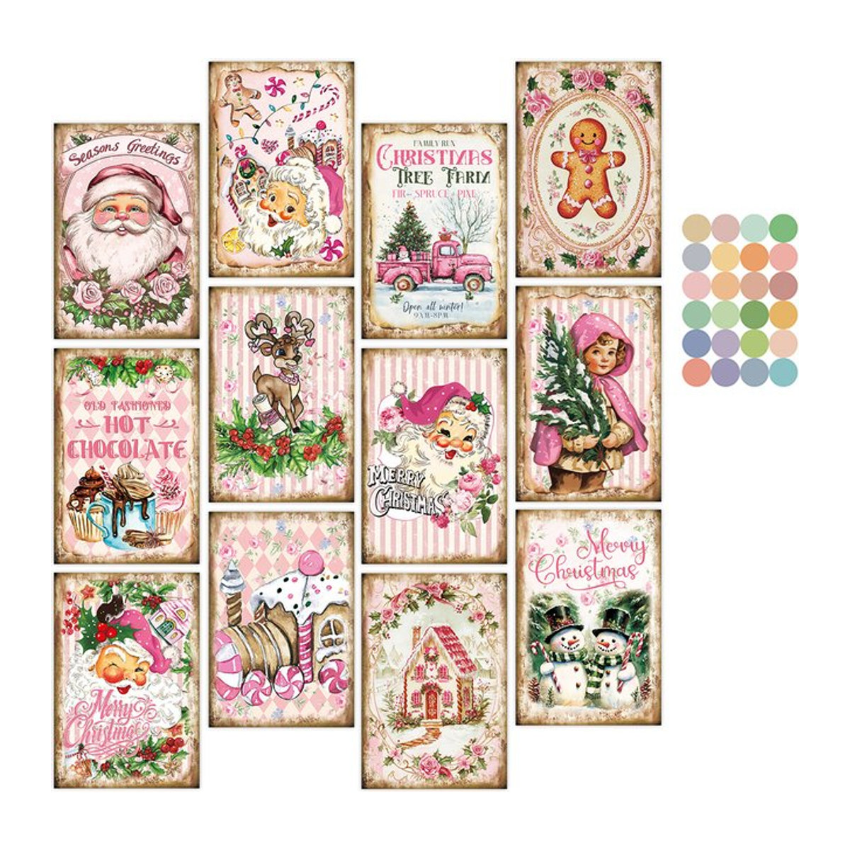 12 Stück Vintage Weihnachtskarten im Shabby Chic Design, Rosa Weihnachtsmann Postkarten-Set aus Papier mit floralen Motiven zur Weihnachtsdekoration - Bild 1