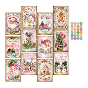 12 Stück Vintage Weihnachtskarten im Shabby Chic Design, Rosa Weihnachtsmann Postkarten-Set aus Papier mit floralen Motiven zur Weihnachtsdekoration