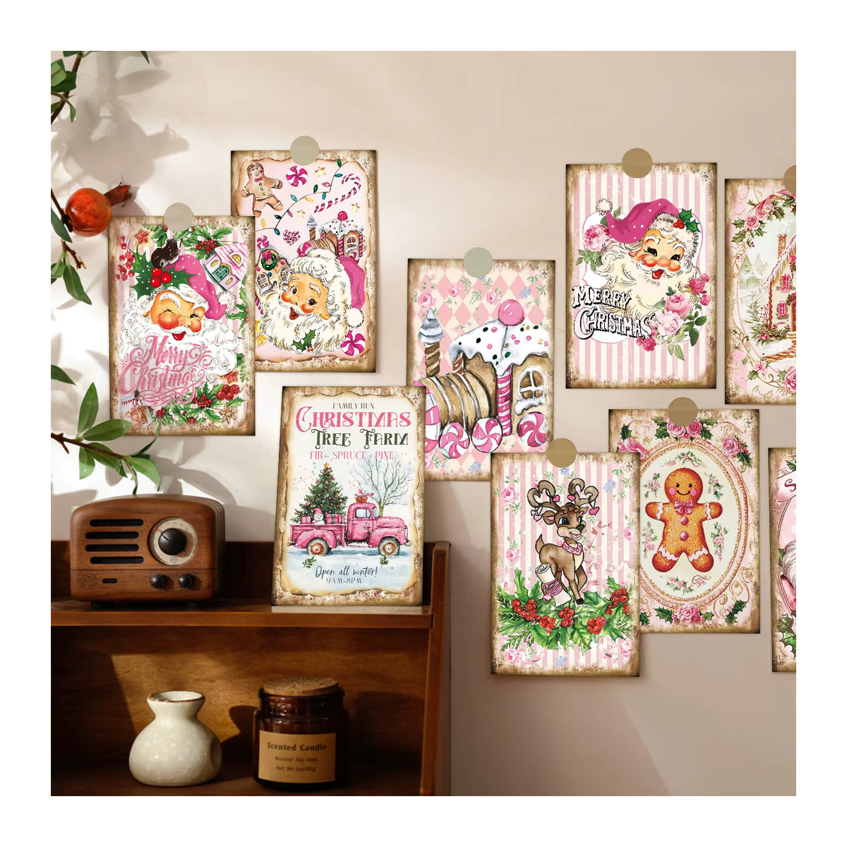 12 Stück Vintage Weihnachtskarten im Shabby Chic Design, Rosa Weihnachtsmann Postkarten-Set aus Papier mit floralen Motiven zur Weihnachtsdekoration - Bild 2