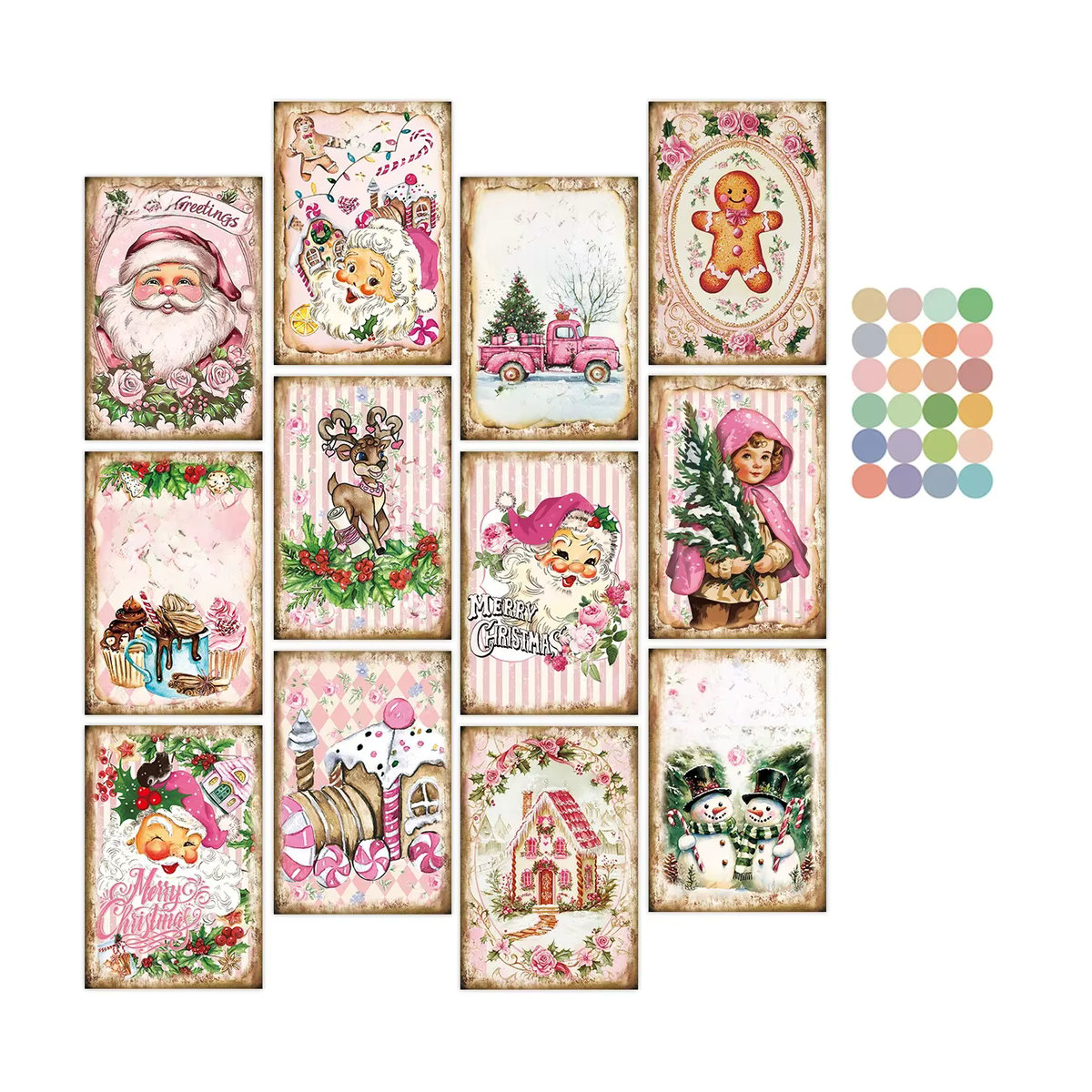 12 Stück Vintage Weihnachtskarten im Shabby Chic Design, Rosa Weihnachtsmann Postkarten-Set aus Papier mit floralen Motiven zur Weihnachtsdekoration - Bild 4