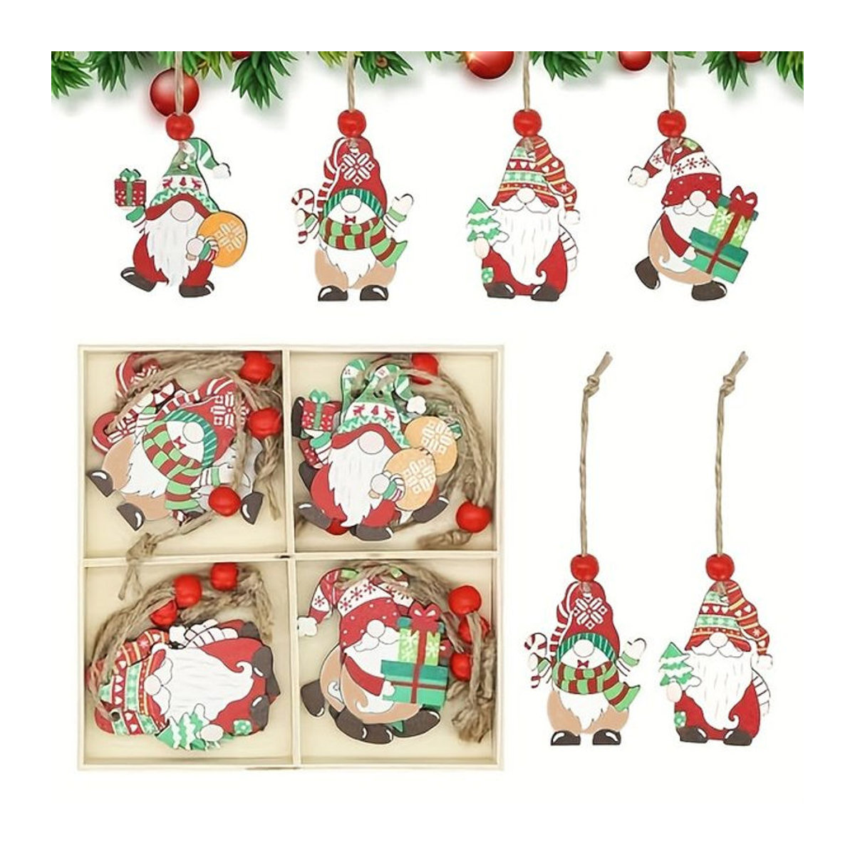 12 Stück Weihnachtszwerg-Hängeornamente aus Holz in Mehrfarbig für deine Weihnachtsdekoration - Bild 1