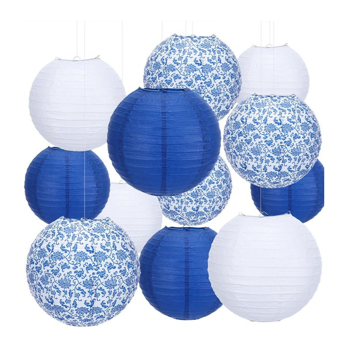 12-teiliges Set runde Papierlaternen im orientalischen Stil mit Blumenmuster in Blau und Weiß, H: 25,4 cm, B: 20,3 cm - Bild 1