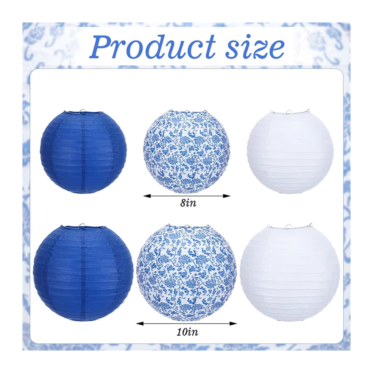 12-teiliges Set runde Papierlaternen im orientalischen Stil mit Blumenmuster in Blau und Weiß, H: 25,4 cm, B: 20,3 cm - Bild 2