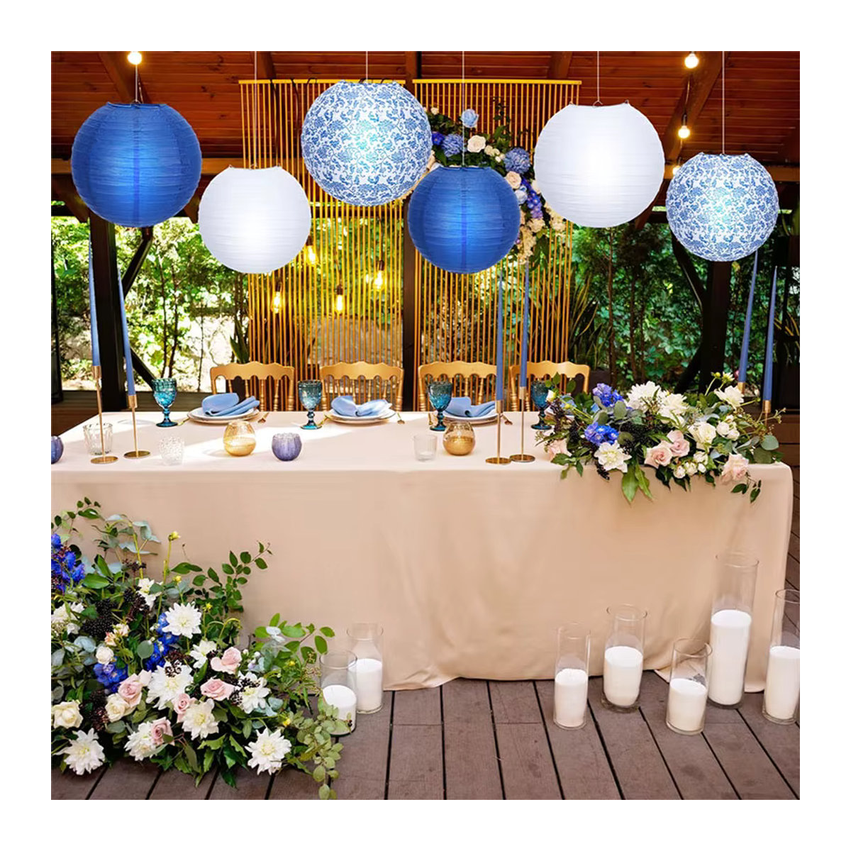 12-teiliges Set runde Papierlaternen im orientalischen Stil mit Blumenmuster in Blau und Weiß, H: 25,4 cm, B: 20,3 cm - Bild 4