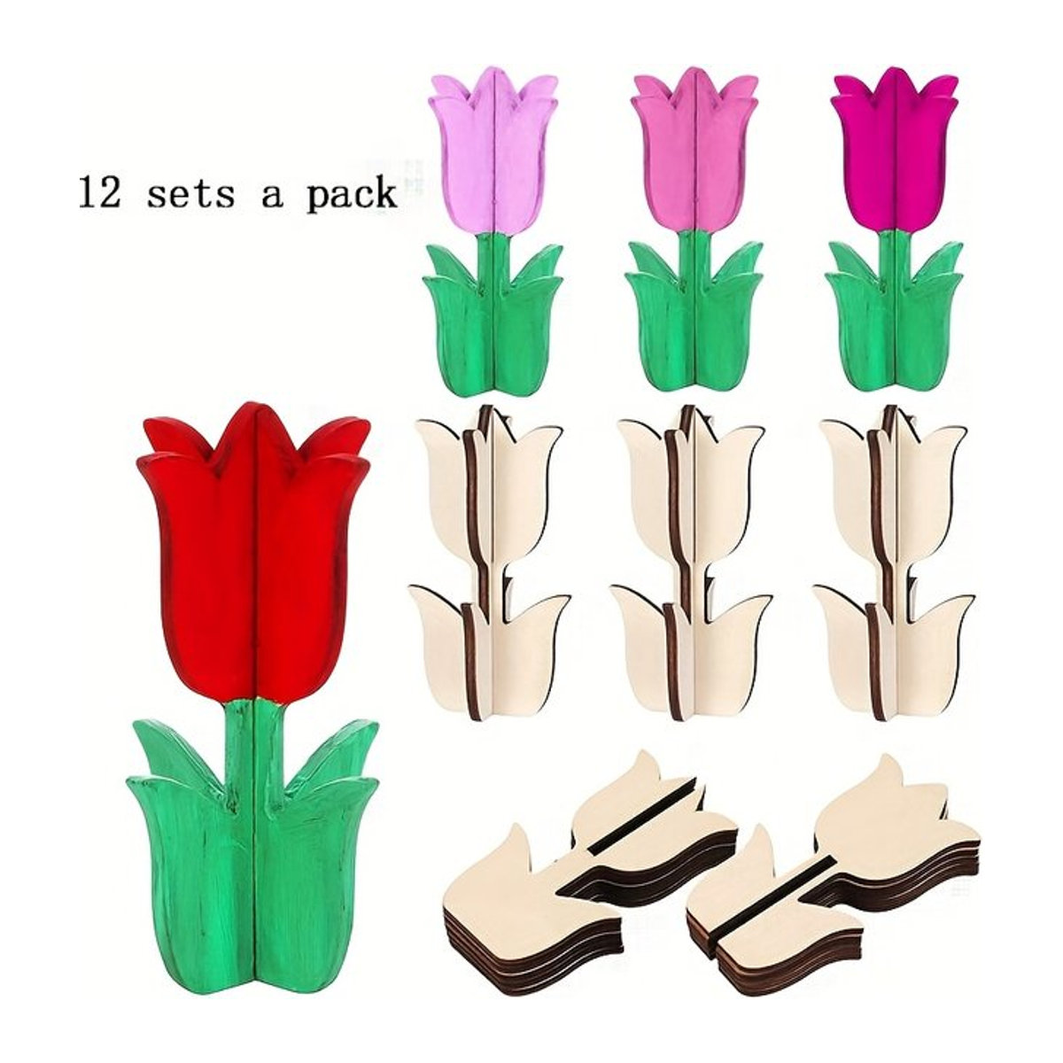 12 unlackierte Holztulpen zum Bemalen für DIY-Handwerk, mehrfarbige 3D-Frühlingsblumen aus Holz - Bild 1