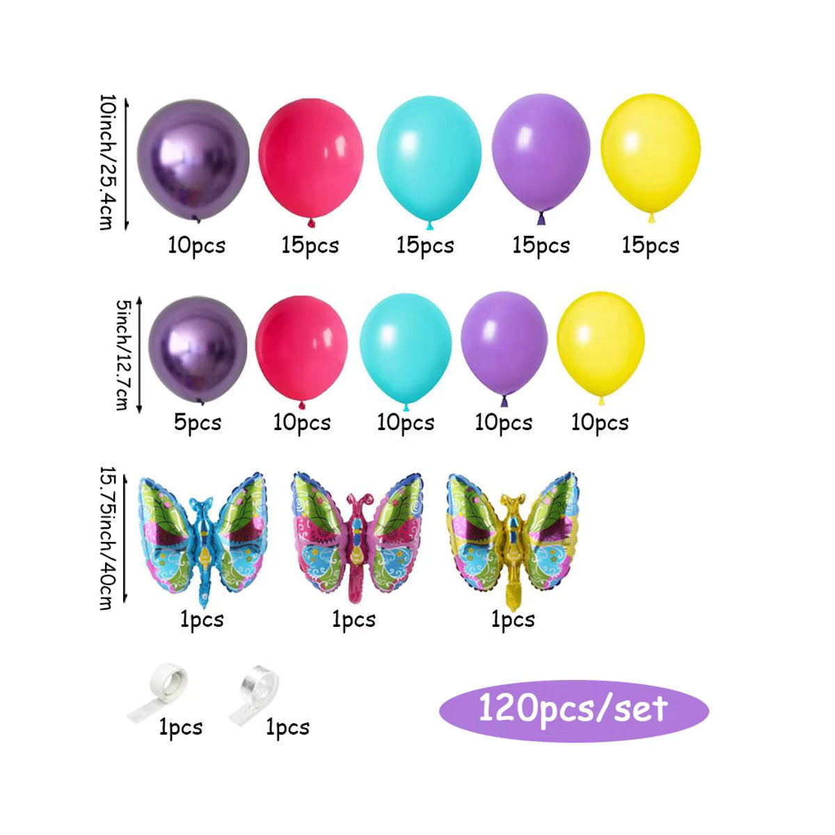 120-teiliges Ballon-Set für Ballonbögen in Rosa, Blau und Lila mit farbenfrohen Schmetterlingsballons für Kinderpartys - Bild 2