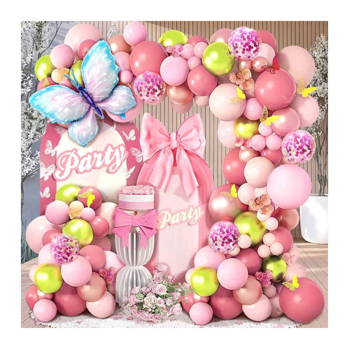 120-teiliges Ballonkranz-Set für Geburtstage in Rosa, Sandweiß, Fruchtgrün und Blau mit Schmetterlingsballons und Metallballons - Bild 1