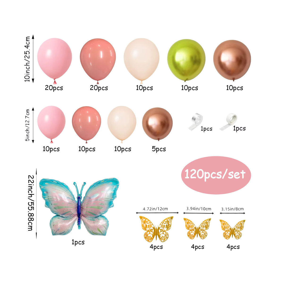 120-teiliges Ballonkranz-Set für Geburtstage in Rosa, Sandweiß, Fruchtgrün und Blau mit Schmetterlingsballons und Metallballons - Bild 2