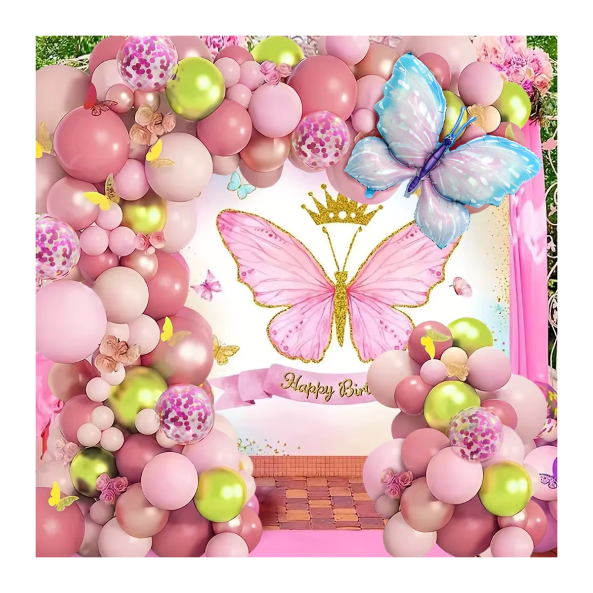 120-teiliges Ballonkranz-Set für Geburtstage in Rosa, Sandweiß, Fruchtgrün und Blau mit Schmetterlingsballons und Metallballons - Bild 3