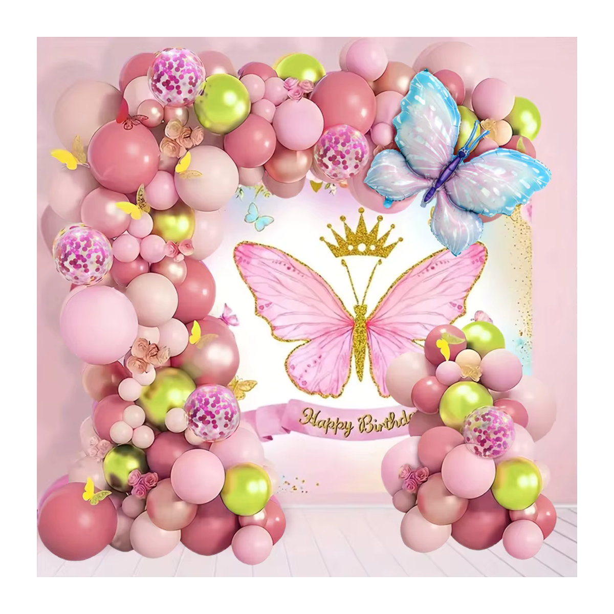120-teiliges Ballonkranz-Set für Geburtstage in Rosa, Sandweiß, Fruchtgrün und Blau mit Schmetterlingsballons und Metallballons - Bild 4