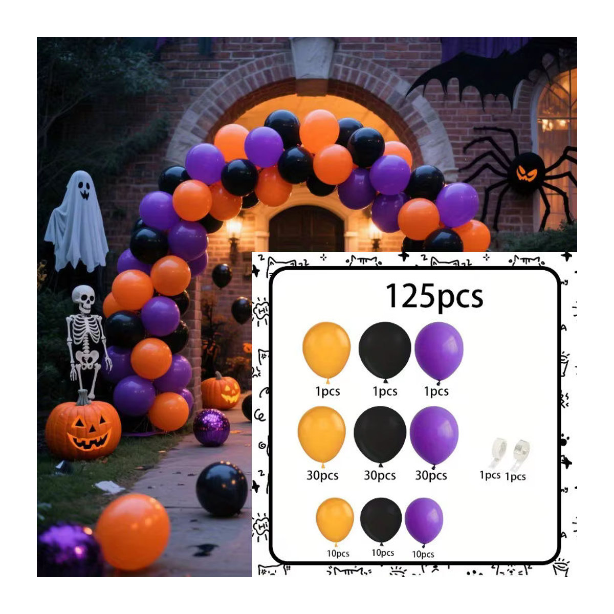 125-teiliges Halloween Ballon-Girlandenbogen-Set in Lila, Orange und Schwarz zur Dekoration - Bild 1