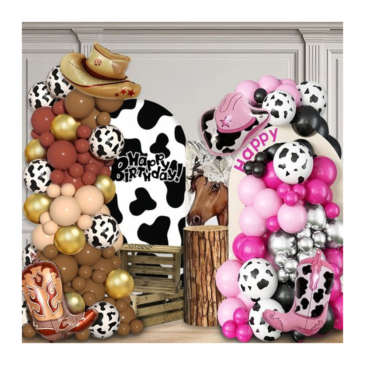 126-teiliges Western Cowboy Party Ballon Set mit Pferde-Motiv für Kindergeburtstage in Rosa, Schwarz, Braun und Tierprint - Bild 1