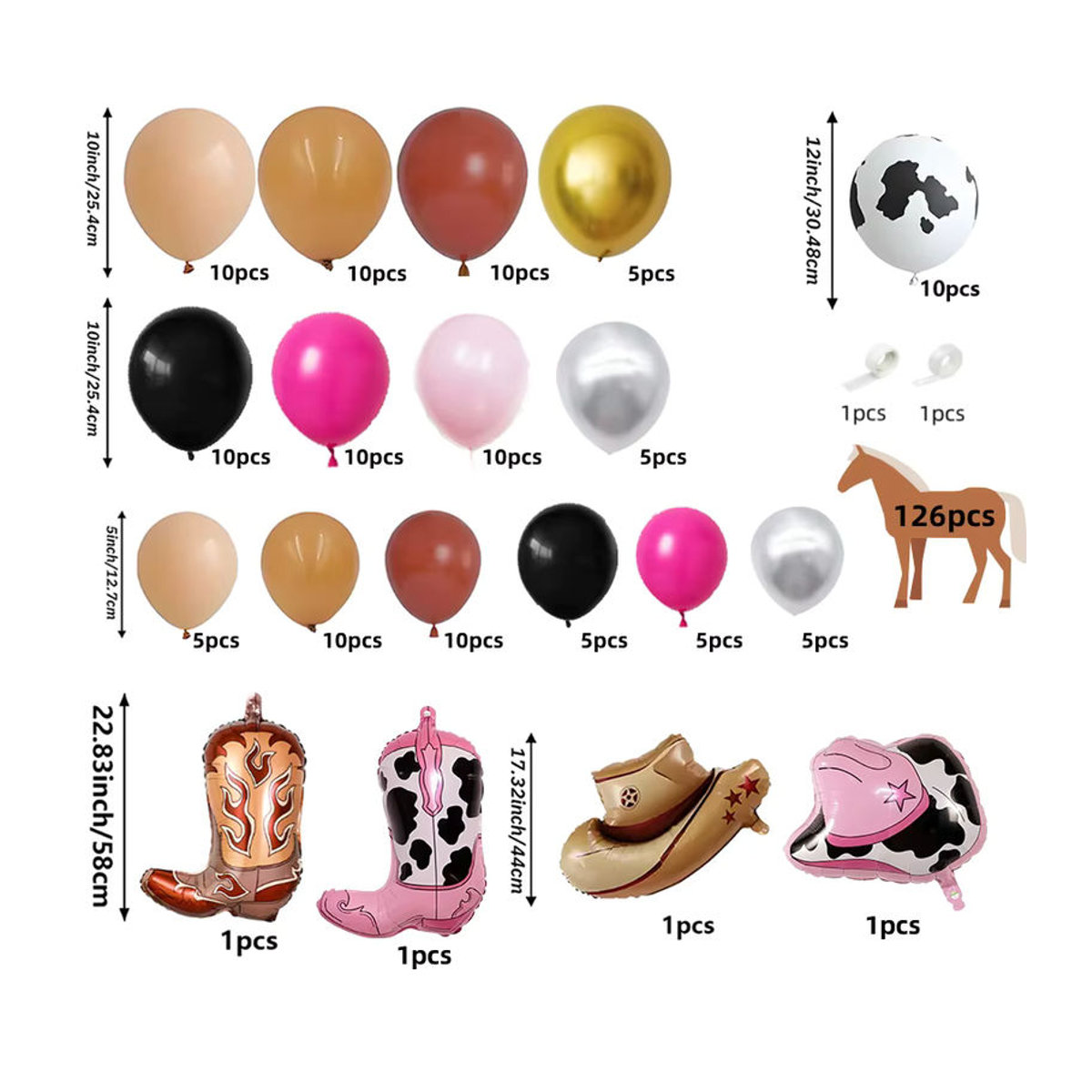 126-teiliges Western Cowboy Party Ballon Set mit Pferde-Motiv für Kindergeburtstage in Rosa, Schwarz, Braun und Tierprint - Bild 2