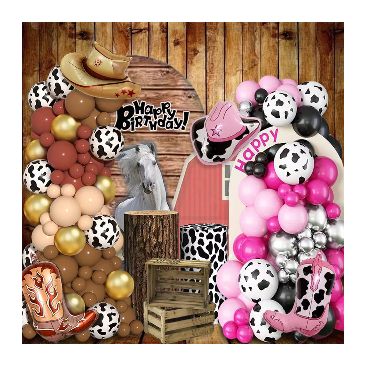 126-teiliges Western Cowboy Party Ballon Set mit Pferde-Motiv für Kindergeburtstage in Rosa, Schwarz, Braun und Tierprint - Bild 3