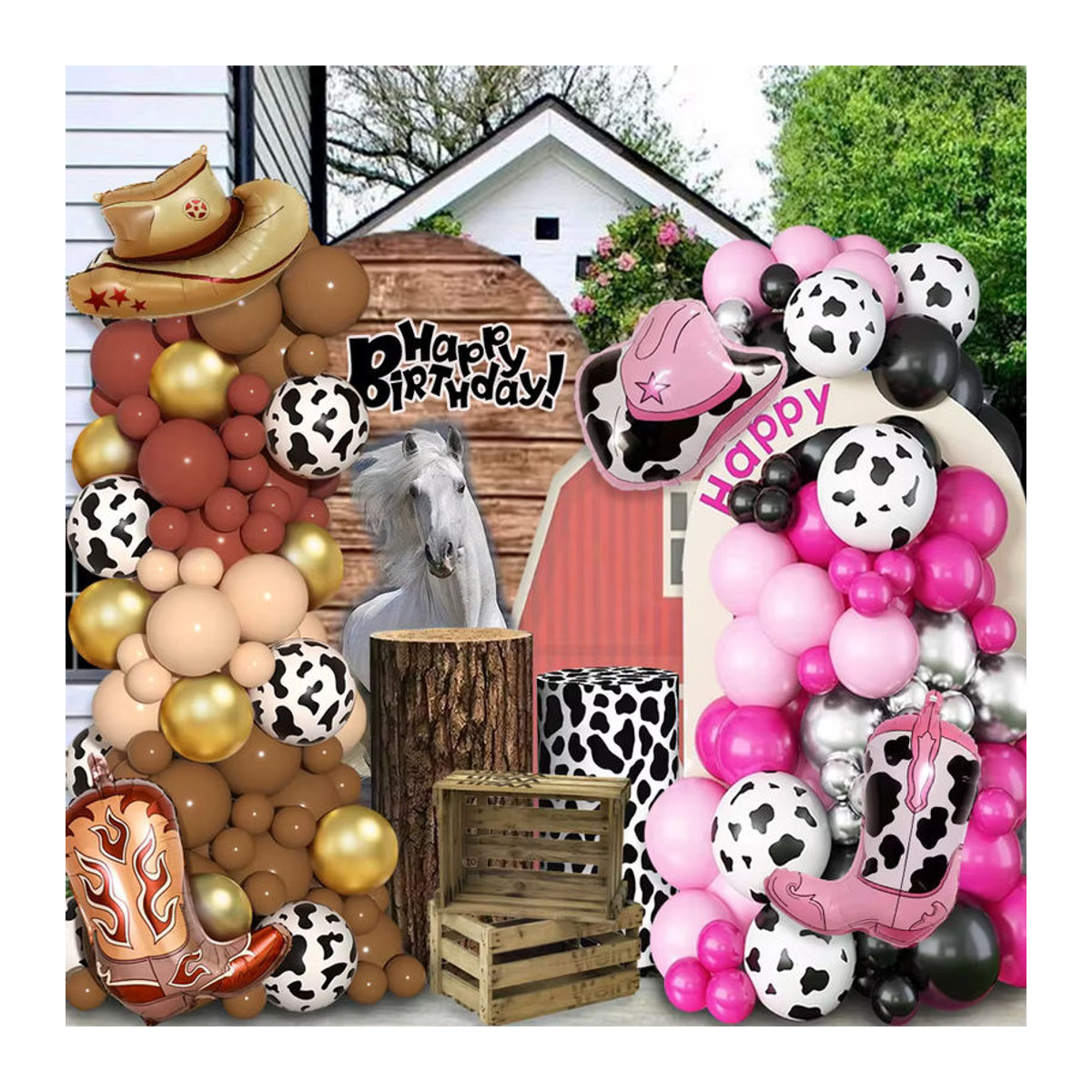 126-teiliges Western Cowboy Party Ballon Set mit Pferde-Motiv für Kindergeburtstage in Rosa, Schwarz, Braun und Tierprint - Bild 4