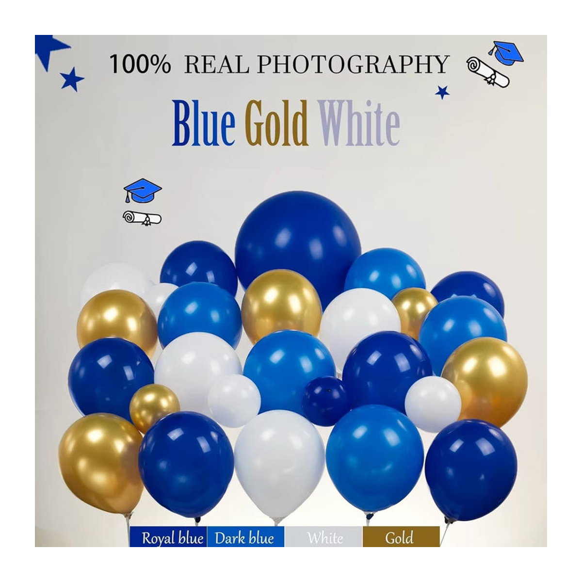 127 Stück Ballon Set in Königsblau und Gold zur Dekoration für Abschlussfeier und Geburtstag mit Ballonbogen, Sternen und Abschlusshut - Bild 2