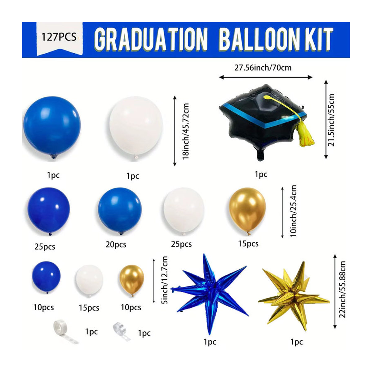 127 Stück Ballon Set in Königsblau und Gold zur Dekoration für Abschlussfeier und Geburtstag mit Ballonbogen, Sternen und Abschlusshut - Bild 3