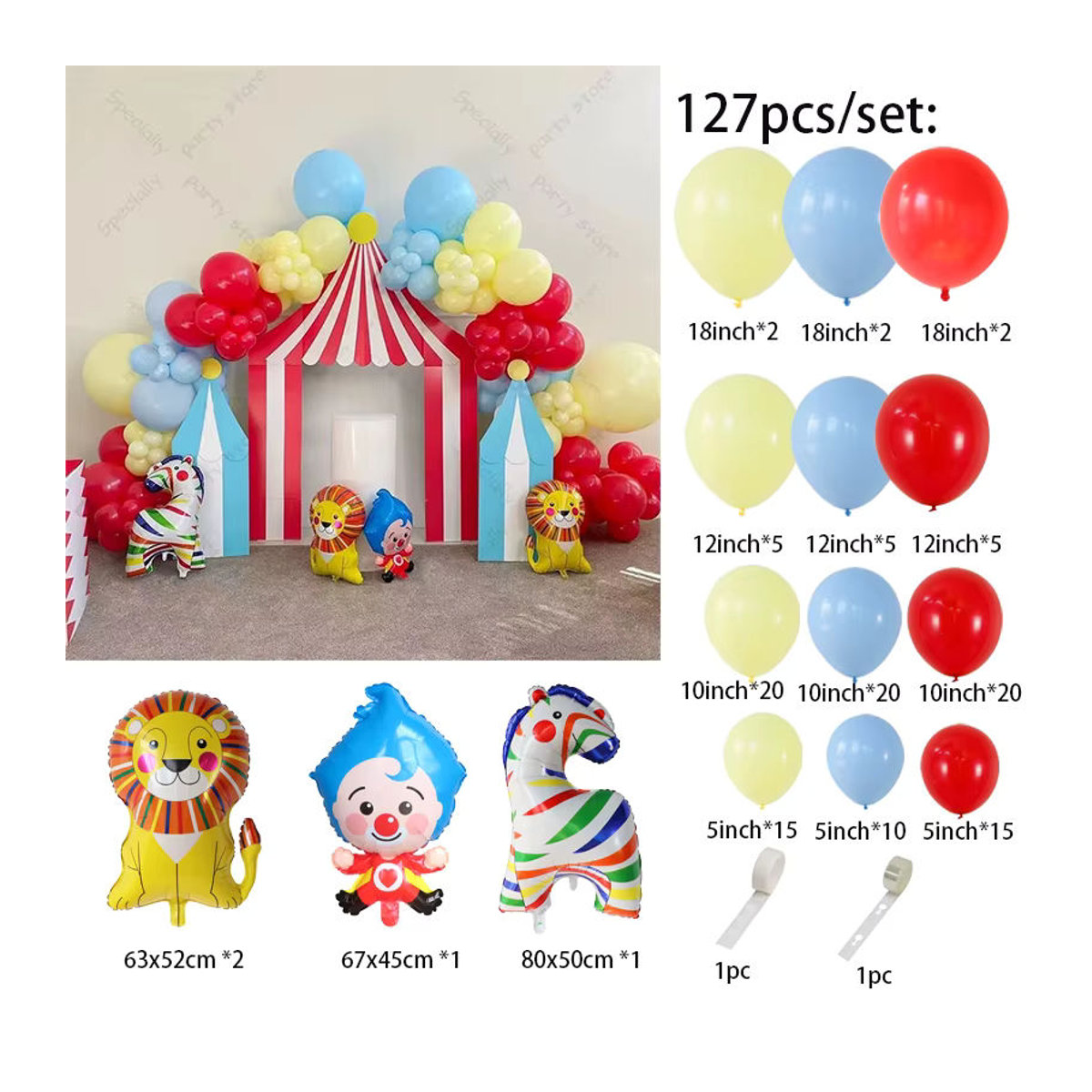 127-teiliges Karneval Zirkus Luftballon-Set mit Clown, Löwe und Zebra als Girlande für Kindergeburtstage und Babypartys, mehrfarbig - Bild 2