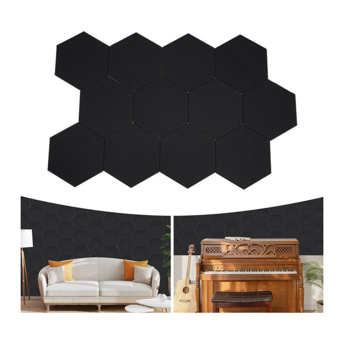 12er-Pack Sechseckige Akustikplatten in Schwarz für Wanddekoration und Schalldämmung - Bild 1
