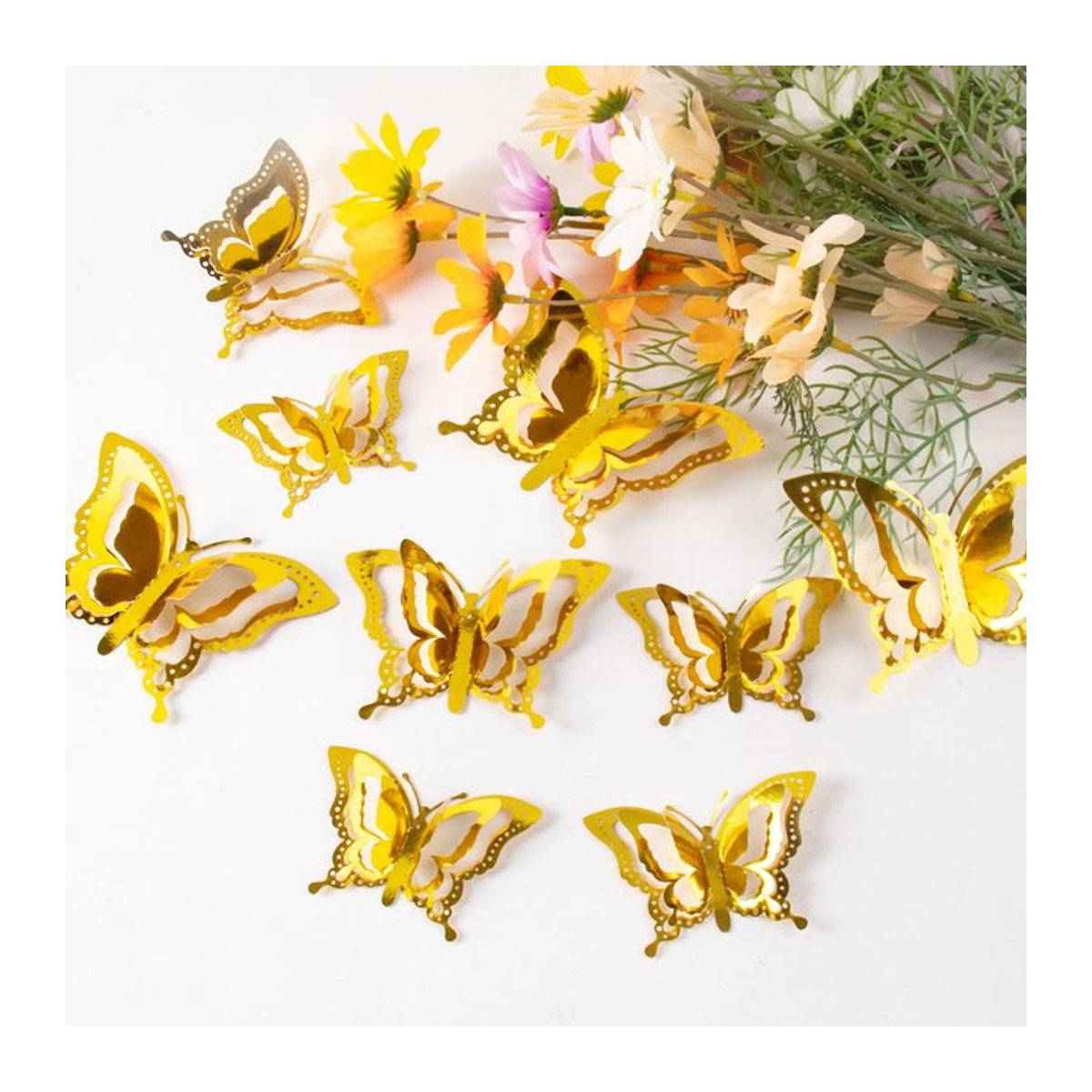 12er Set 3D Hohl Schmetterling Wandaufkleber in Gold aus Kunststoff für Hochzeit und Party Dekoration - Bild 1