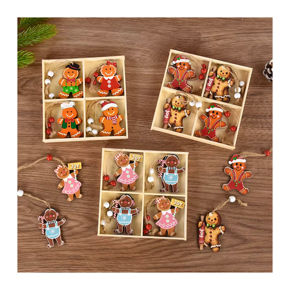 12er Set CHIXINHAPPY Weihnachts Hängeornamente aus Holz mit Lebkuchenmann Figuren in Mehrfarbig und rustikalem Design - Bild 3